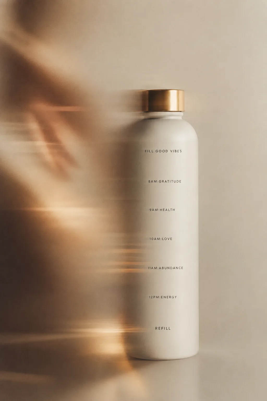 The DYV bottle in Cloud, with its hourly words, in warm light